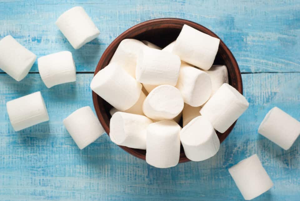 White marshmallow in bowl on blue