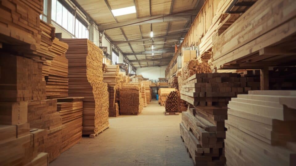 A large warehouse with rows of stacked wood planks and lumber.