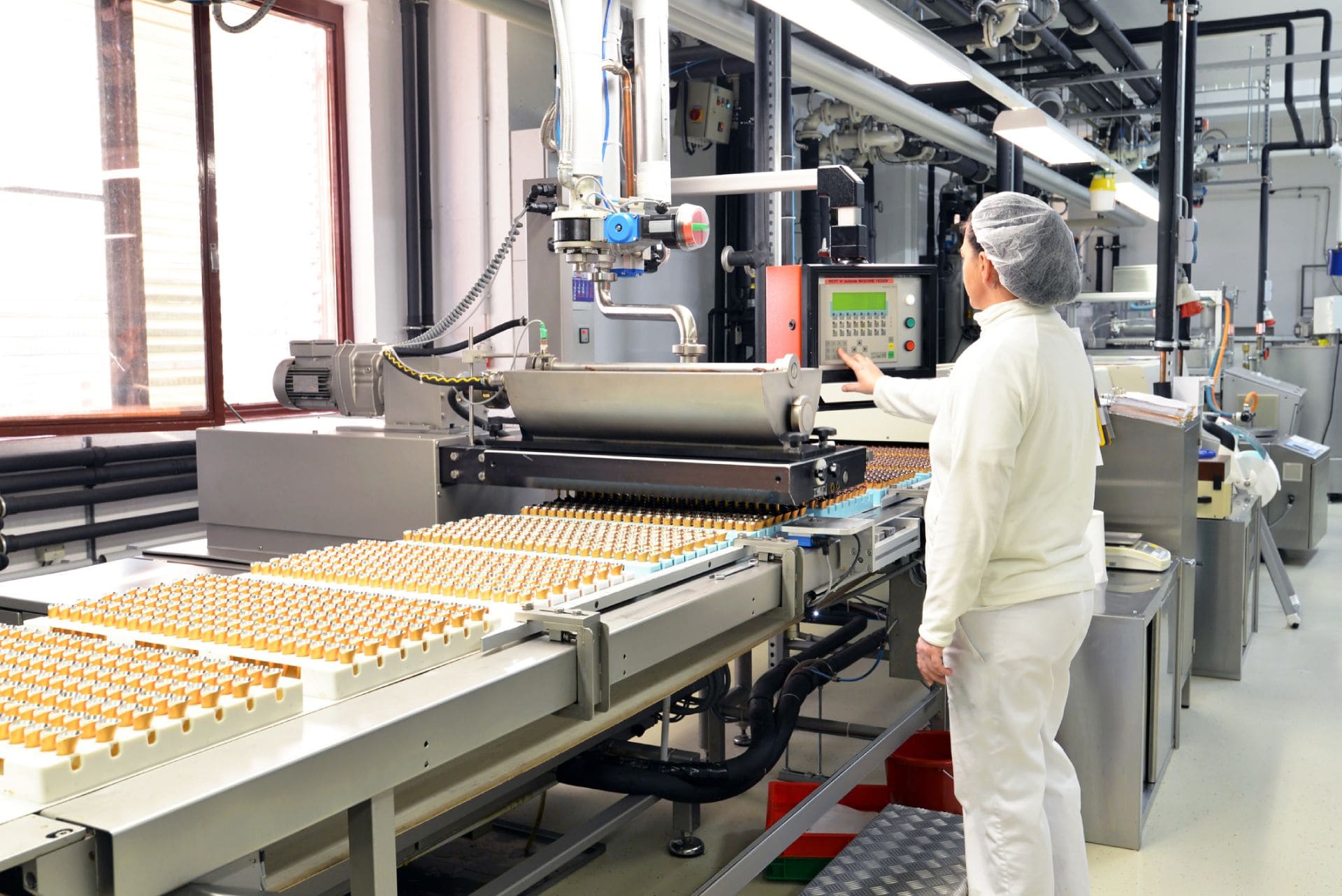 Employee at machine in food processing factory.