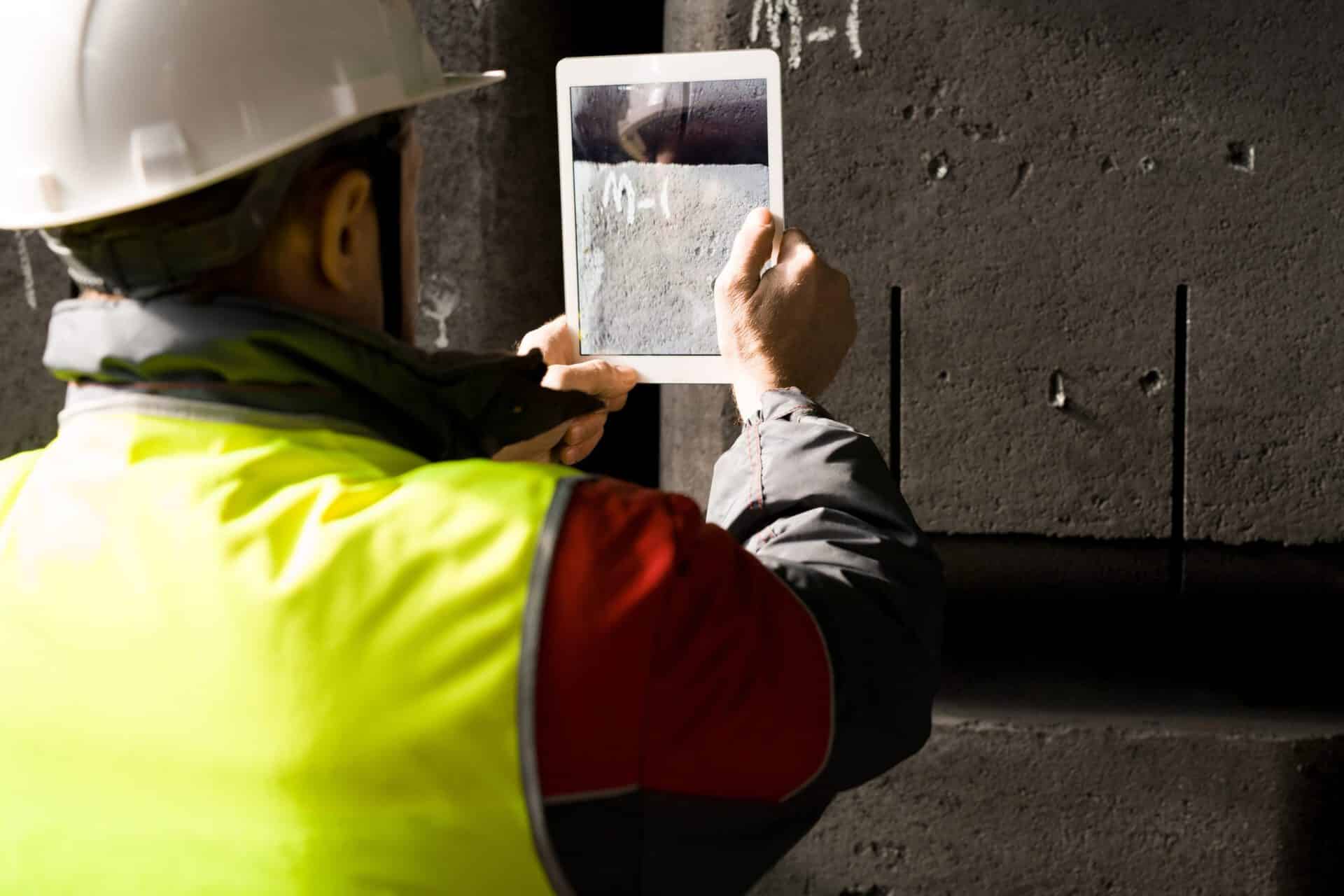 Manufacturing worker capturing photo on tablet