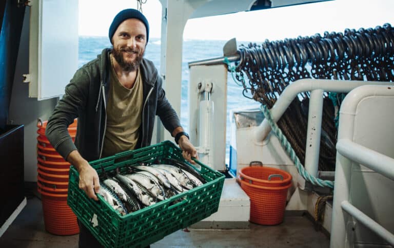 Fisker som holder fersk fangst på kommersiell fiskebåt